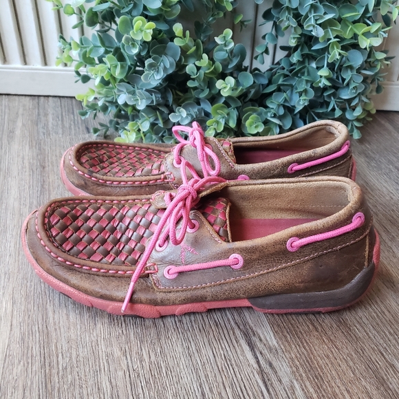 Twisted X Pink Brown Leather Cancer Awareness Weave Driving Mocs Womens Size 6.5 - Picture 1 of 8